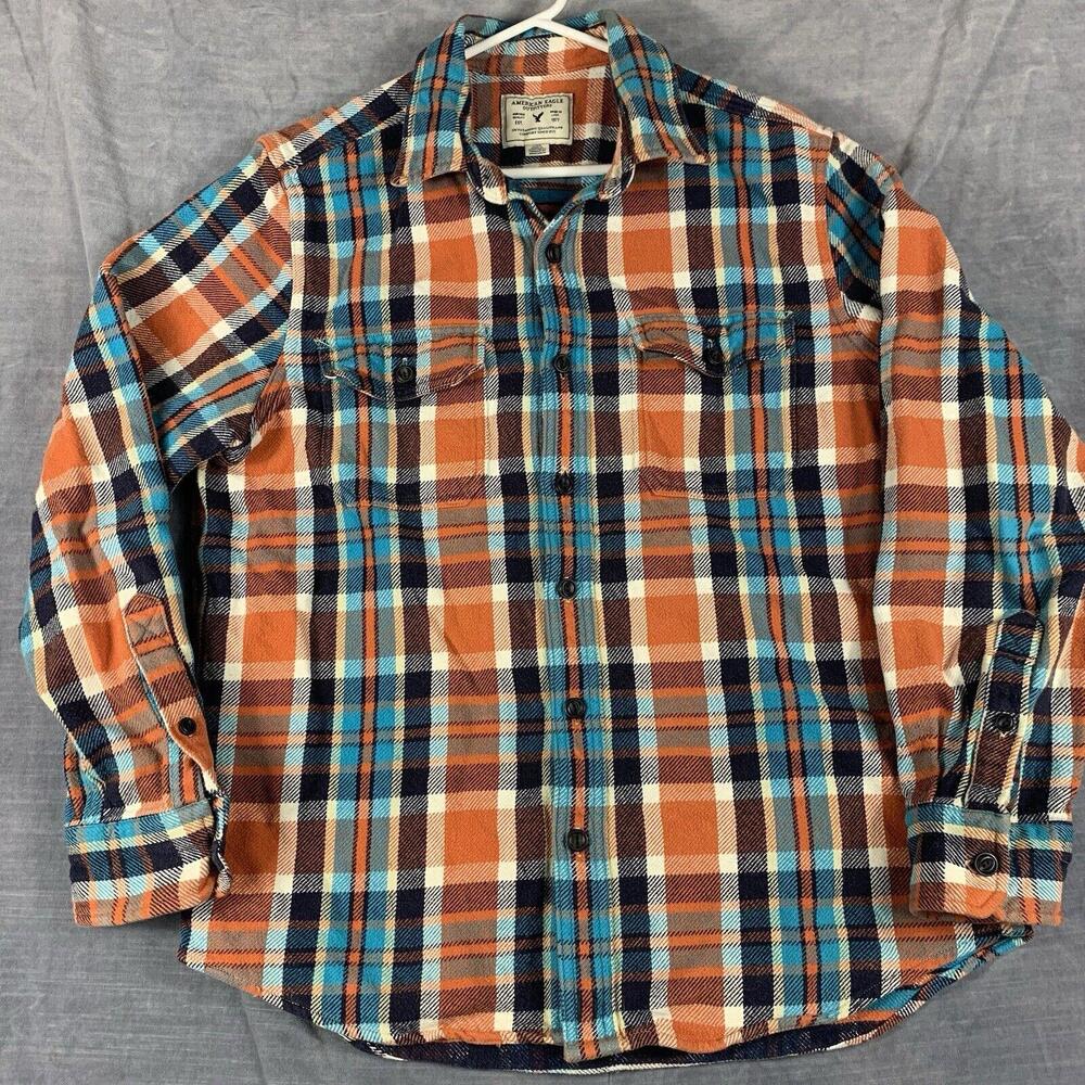 American Eagle Mens L Flannel Shirt Plaid Heavy Cotton Long Sleeve Preppy READ